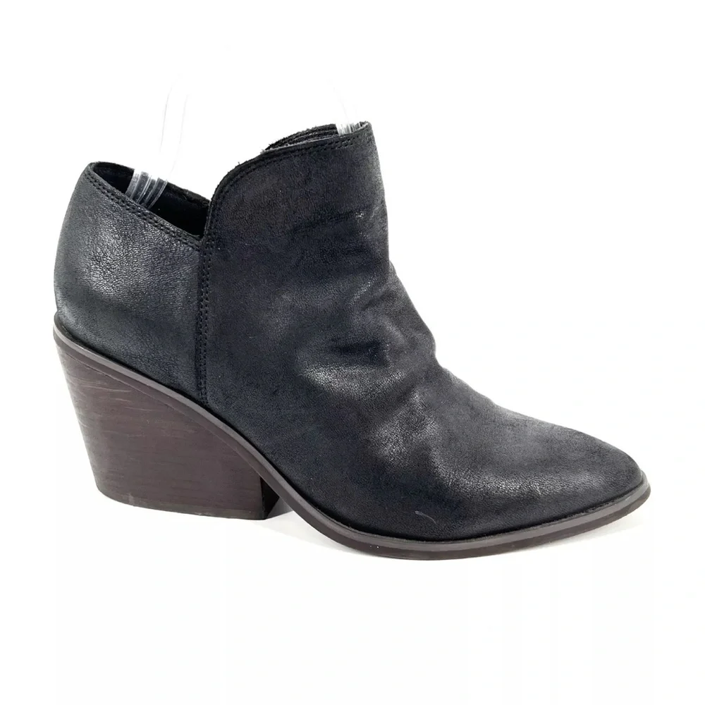 Lucky Brand Ankle Boots Womens Size 8 Black Burnished Leather Wedged Block Heel